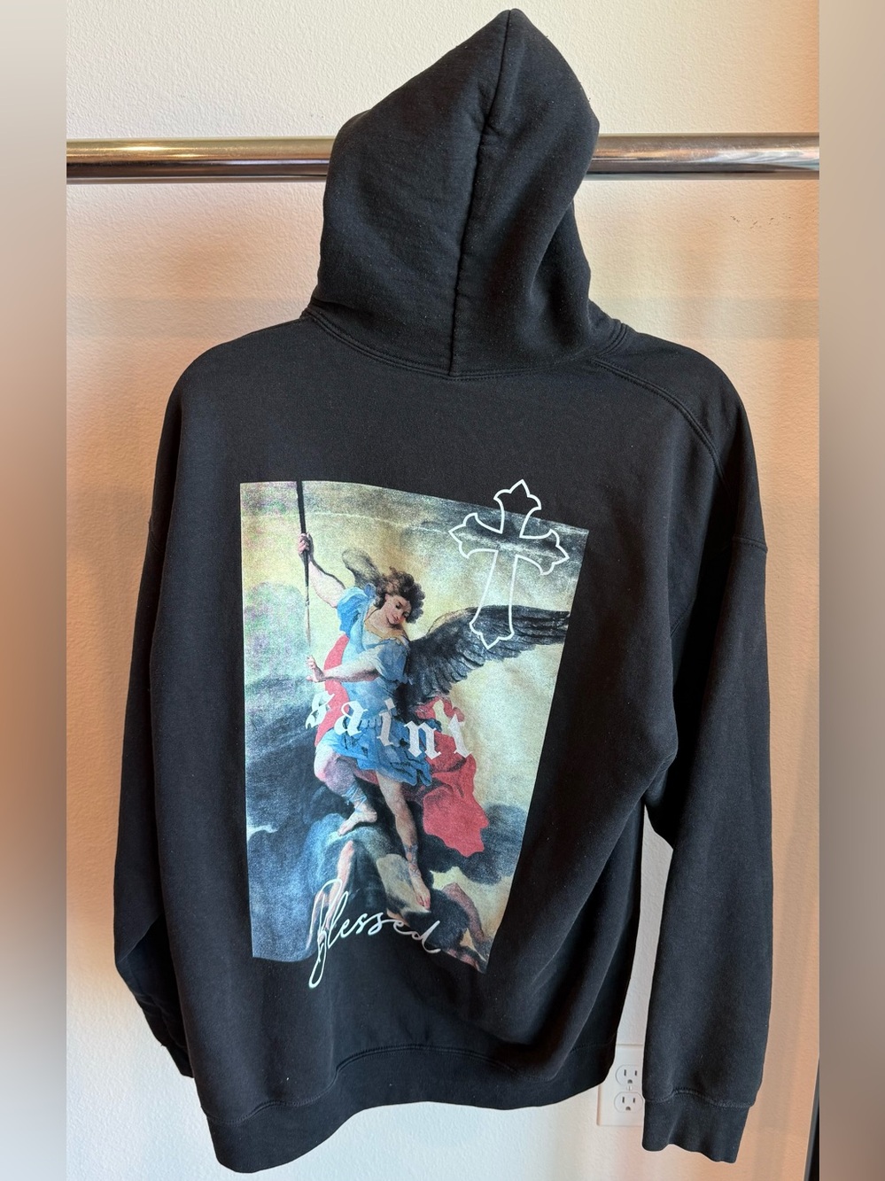 Saint Graphic Crewneck Hoodie in Black with Red Accent